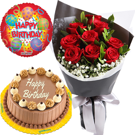 12 Red Roses Bouquet with Birthday Cake