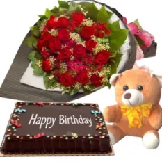 12 Red Roses in Bouquet with Cake and Bear