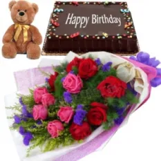 24 Roses in Bouquet with Cake and Bear