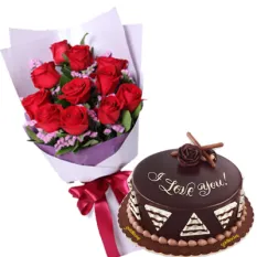 12 Red Roses Bouquet w/ Chocolete Cake
