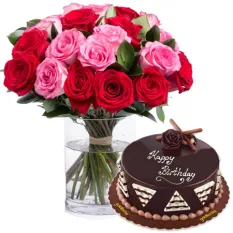 12 Red & pink Roses in Vase w/ Chocolate Cake