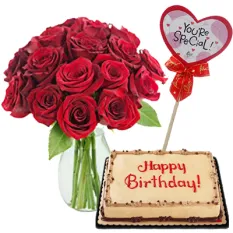 12 red rose in vase with cakes to cebu