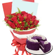 24 Red Roses With Cake By Red Ribbon