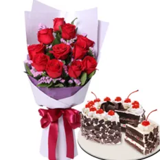 12 Red Roses with Black Forest Cake