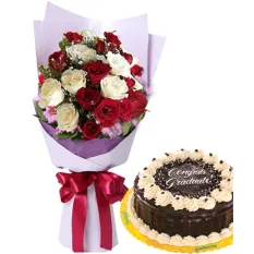 12 White and Red Roses with Rocky Cake