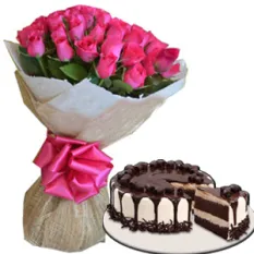 24 Pink Roses with Red Ribbon Cake