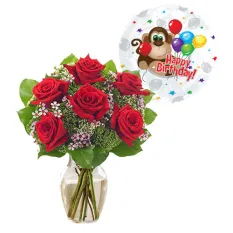6 red roses vase with birthday balloon to manila