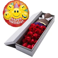 send red roses In box with birthday balloon to manila