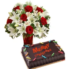 Send Christmas Chocolate Dedication Cake by Red Ribbon with Flower Vase to Manila
