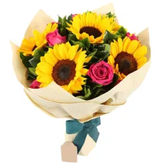 send 5 pcs sunflower with 6 pcs pink roses​ in bouquet to manila