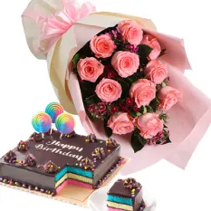 12 Pink Roses w/ Rainbow Dedication Cake
