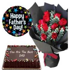Father's Day 12 Red Roses with Cake and Balloon