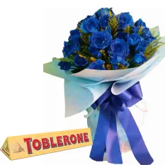 24 Pcs. Blue Roses with Chocolate Bar
