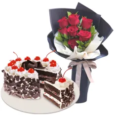 7 Pcs. Red Color Roses with Black Forest Cake