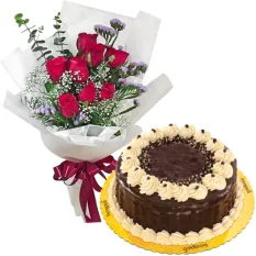 9 Red Roses with Rocky Road Cake