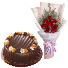 8 Red Roses with Choco Caramel Cake