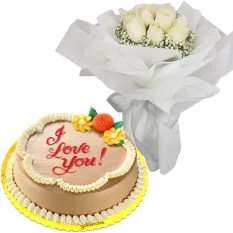 9 White Roses with Classic Mocha Chiffon Cake