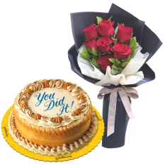 7 Red Roses with Luscious Caramel Cake