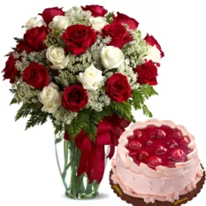 24 Red & White Roses with Strawberry Delight Cake