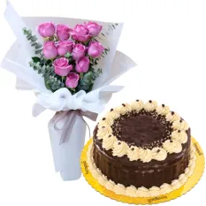 11 Pink Roses with Rocky Road Cake