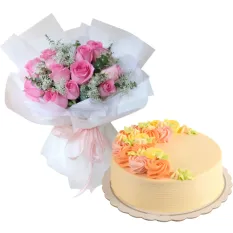 Dozen of Pink Roses with Vanilla Cake By Max's