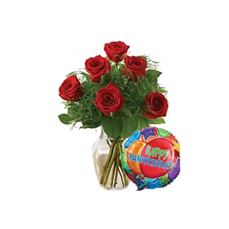 6 Red Roses vase with anniversary Balloon