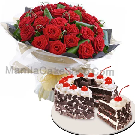 24 Red Roses with Black Forest Cake