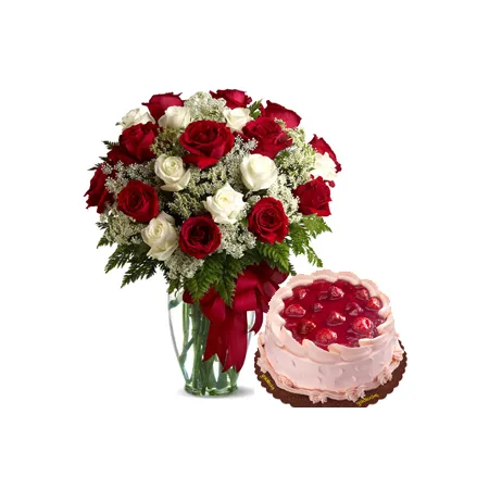 24 Red & White Roses with Goldilocks Cake