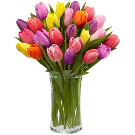 send 15 pcs mixed multicolor tulips in glass vase to manila
