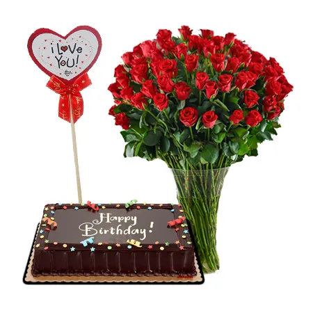 50 Red Roses in Vase w/ Chocolate Cake