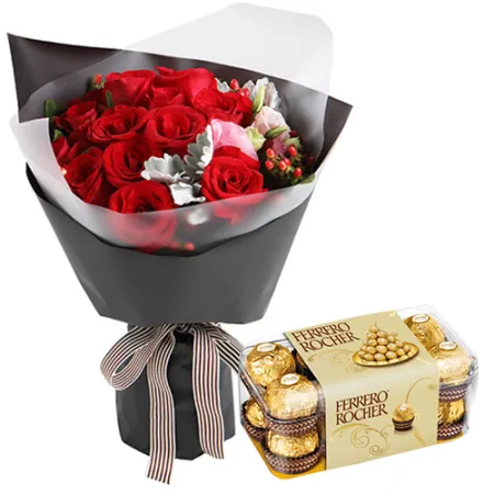 12 Pcs. Roses Bouquet with Ferrero Box