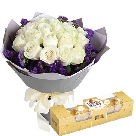 18 Pcs. White Color Roses with Ferrero Box