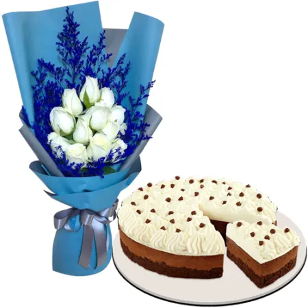 12 White Roses with Chocolate Mousse Cake