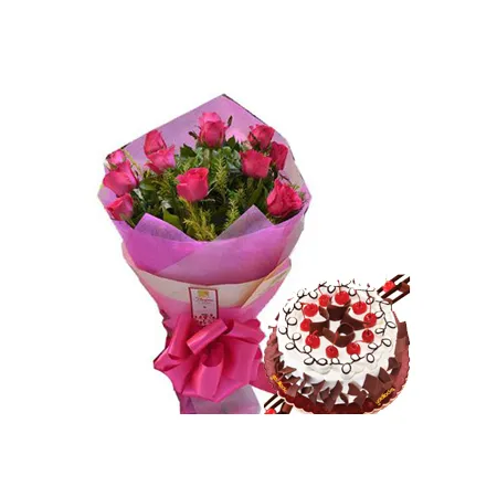 12 Pink Roses in Bouquet with Black Forest Cake