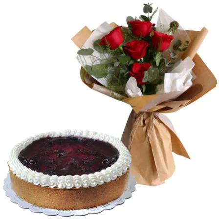 5 Red Roses Bouquet with Blueberry Cheese Cake