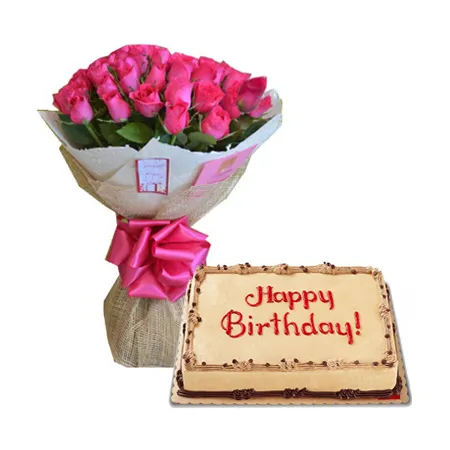 24 Pink Roses with Mocha Dedication Cake