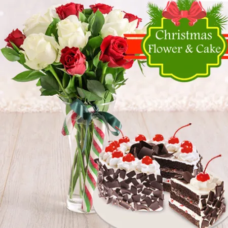 send 12 red and white rose with christmas cake to philippines