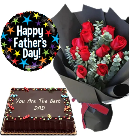 Father's Day 12 Red Roses with Cake and Balloon