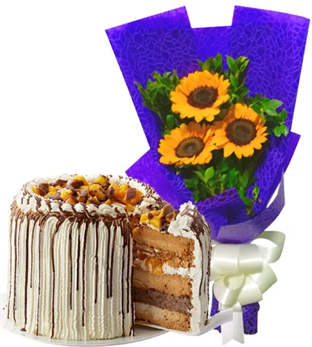 3 Pcs. Sunflower Bouquet with Contis Cake